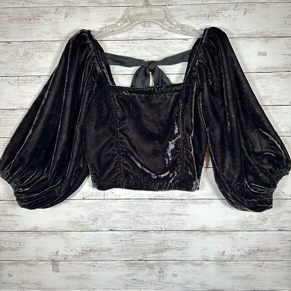 Free People Velvet Marie Pouf Black Crop Top Women Open Back Balloon Sleeve M - Picture 5 of 12